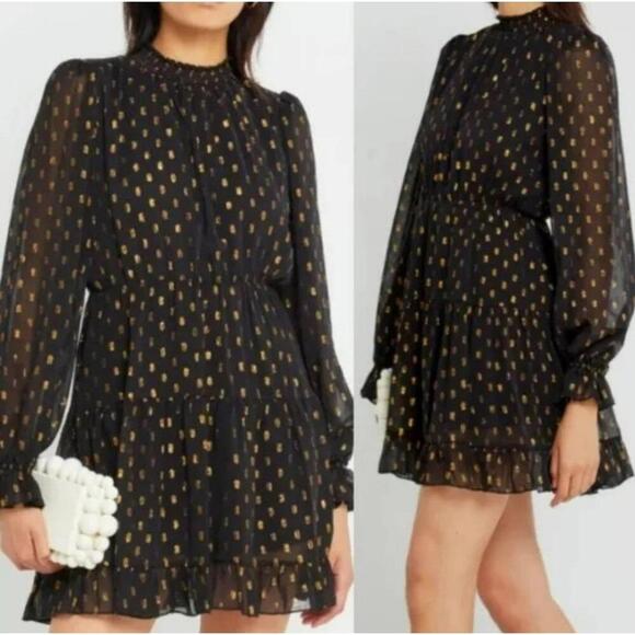 O.P.T Dress Womens Size Large Black Gold Polka Dot Long Sleeve - Picture 1 of 9